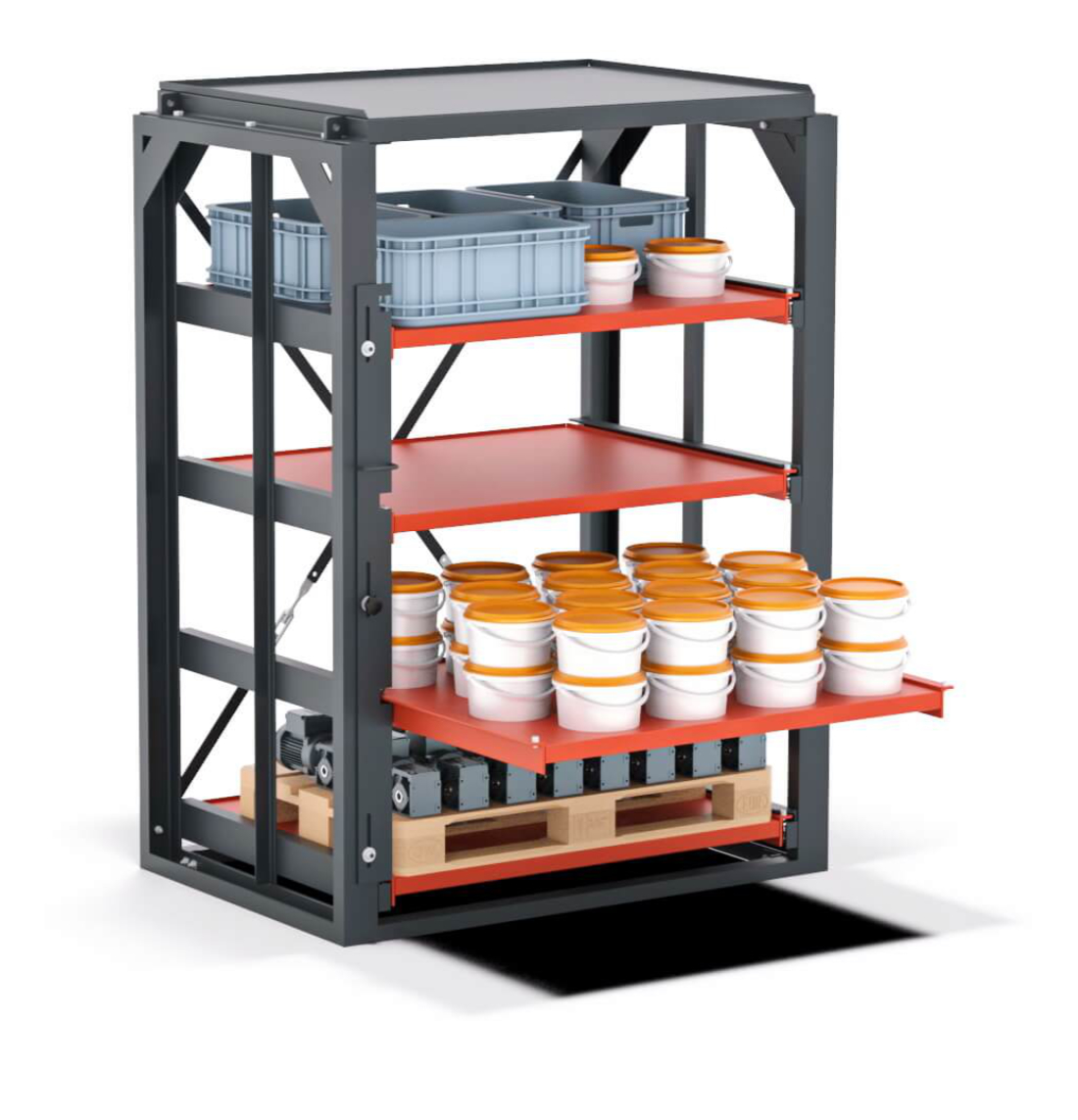 Schwerlast-Schubladenregal Anwendungsbeispiel mit 2/3 ausgezogener Schublade