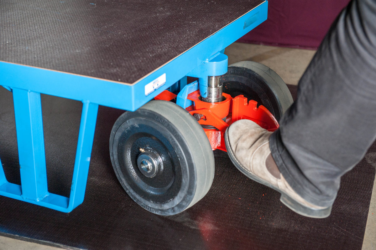 Hebelroller entriegeln mit dem Fußhebel